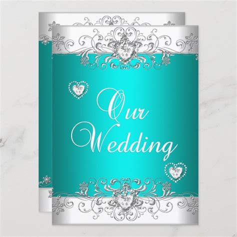 Teal Wedding Silver White Diamond Hearts Invitation Zazzle