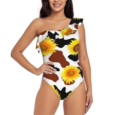 Bingfone Sunflower Cow Print Womens One Piece Swimsuits One Shoulder