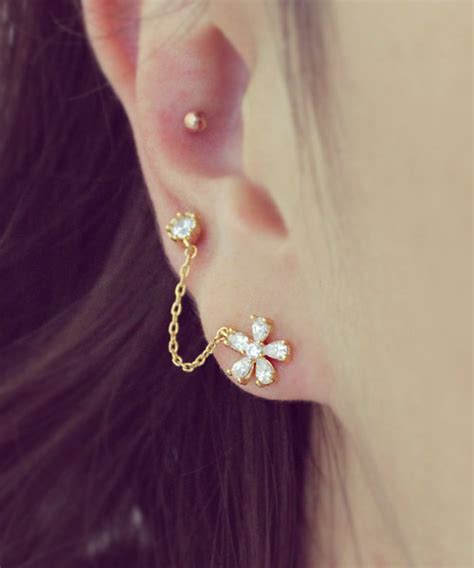 16g Flower Cartilage Barbell Chain Linked Dangle Double Earrings ...