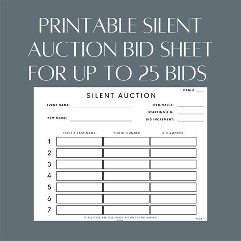 Printable Silent Auction Bid Sheet Pre Numbered for up to 25 Bidders ...