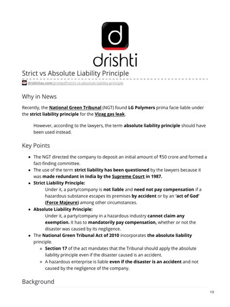 Strict Vs Absolute Liability Principle Pdf Common Law Legal Concepts