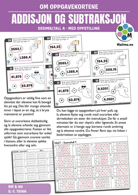 Desimaltall Addisjon Og Subtraksjon Med Oppstilling Oppgavekort