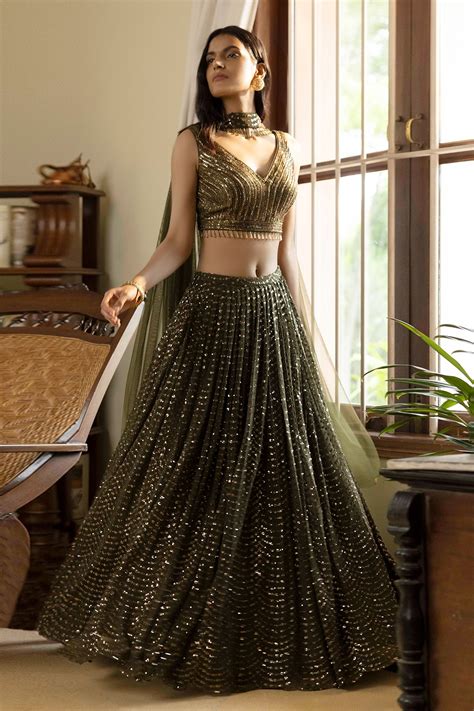 Buy Green Blouse Raw Silk Embroidered Sequin V Neck Lehenga Set For