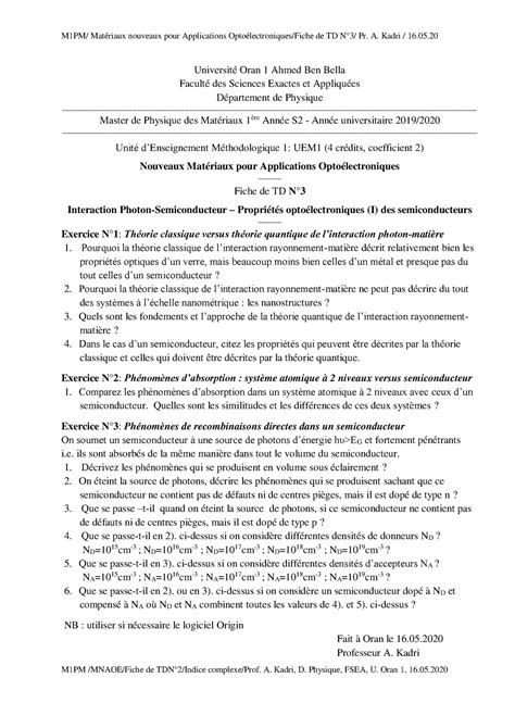 M1pm Nmaoe Td3 M1pm Matériaux Nouveaux Pour Applications Optoélectroniques Fiche De Td N°3