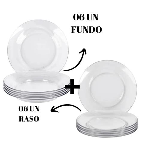 Kit Jogo 06 Fundo 06 Raso Pratos Astral Vidro Transparente Nadir