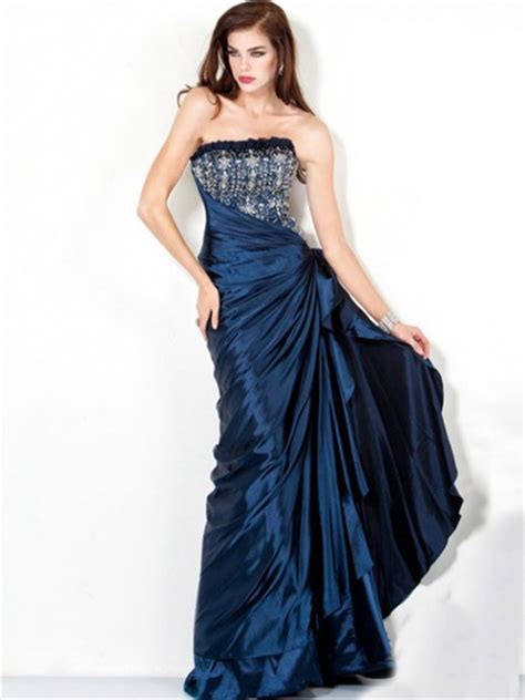 Perfect A Line Strapless Long Navy Blue Ruched Taffeta Beaded Evening