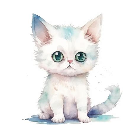 Una pintura acuática de un gatito blanco con ojos verdes se sienta en