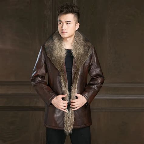 Russian Winter Men Leather Jacket New British Style Fox Fur Collar