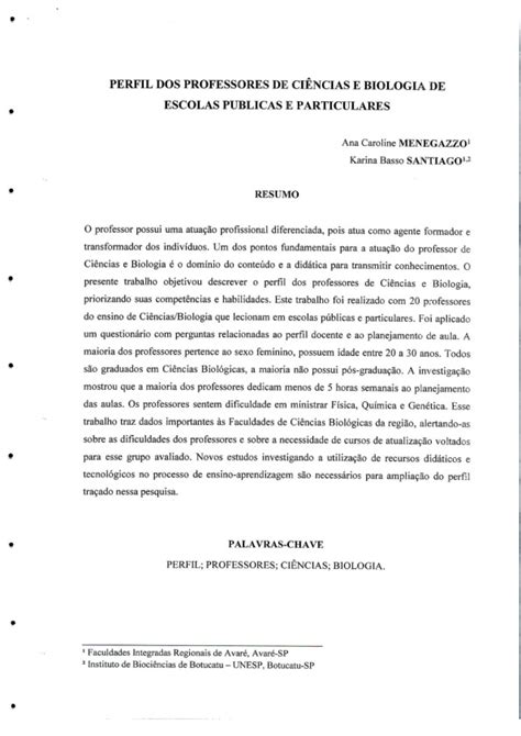 PERFIL DOS PROFESSORES DE CIÊNCIAS E BIOLOGIA DE ESCOLAS PUBLICAS E