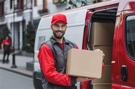 Delivery Man Holding Box In Front Of Van Premium Ai Generated Image