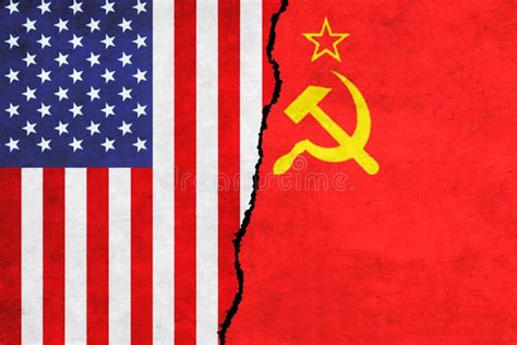 USA And Soviet Union Painted Flags On A Wall With A Crack United