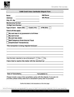 Fillable Online Casecu CASE Credit Union Cardholder Dispute Form Name