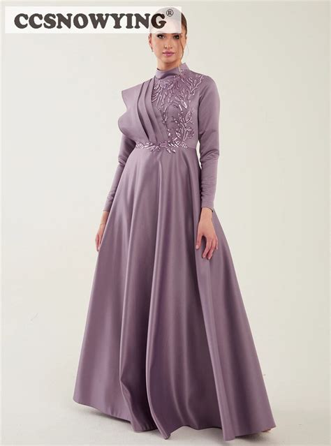 Wisteria Satin Full Sleeve Muslim Evening Dresses High Neck Islamic