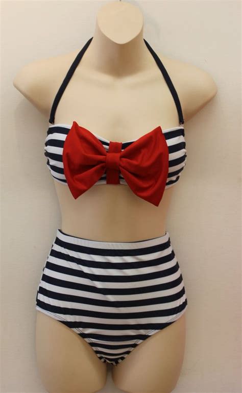 Nautical Navy And Red Bow Bandeau High Waist Bikini Bow Bandeau