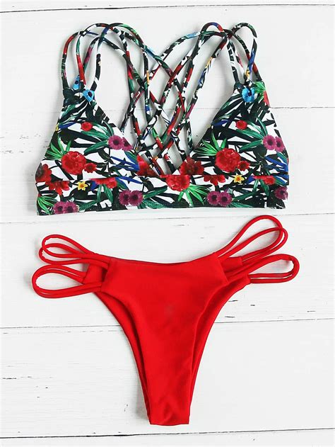 Shop Floral Caged Back Mix And Match Bikini Set Online SheIn Offers