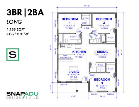 1200 Sqft ADU Floor Plan 3 Bed 2 Bath Dual Suites SnapADU