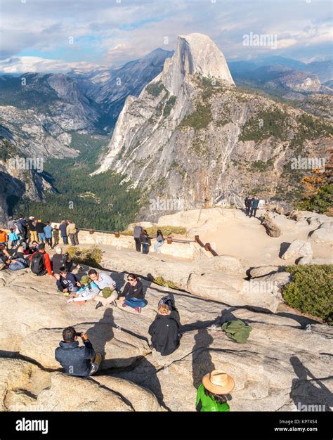 Half Dome Yosemite view from Glacier Point Overlook with people family ...