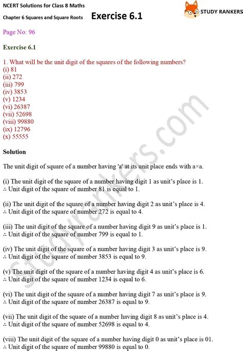 Ncert Solutions For Class 8 Maths Ch 6 Squares And Square Roots