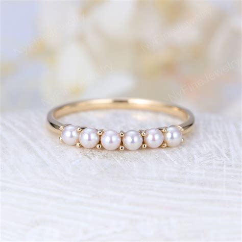 Akoya Saltwater Pearl Wedding Band Women Rose Gold Stacking Ring Solid