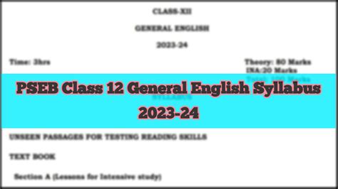 Pseb Class 12 English Syllabus 2023 24 Pdf Download General English