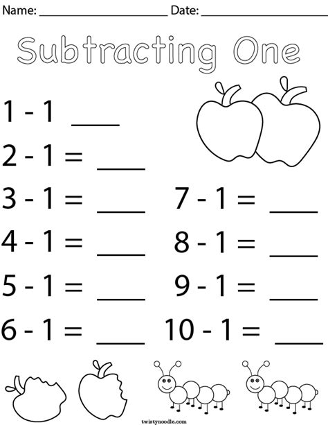 Subtracting One Math Worksheet Twisty Noodle Worksheets Library