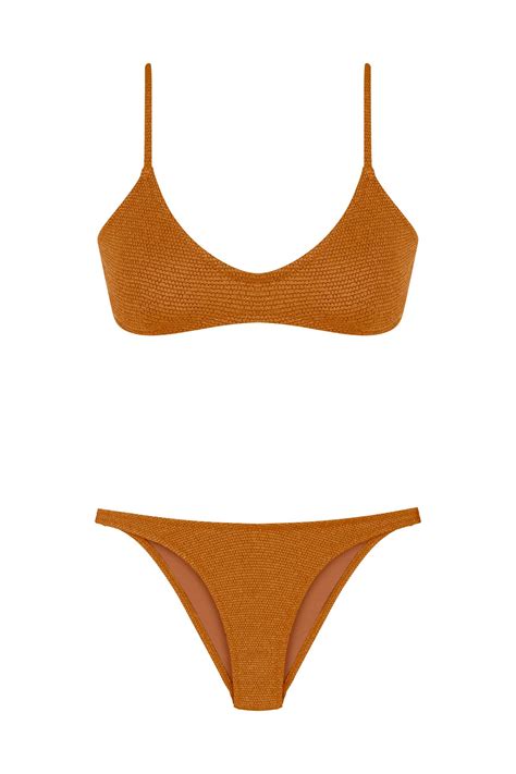 U Kesim Dokulu Üçgen Gold Simli Turuncu Bikini Takım