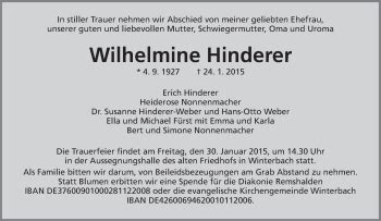 Traueranzeigen Von Wilhelmine Hinderer Zvw Trauer