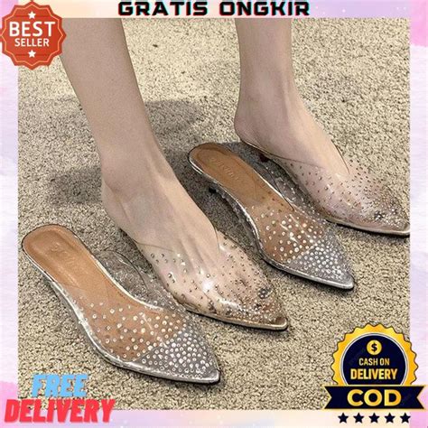 Jual Sepatu Hils Wanita Mika Kaca High Heels Cantik Murah Casual Impor