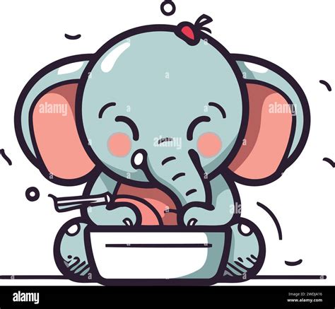 Cute Elephant Eating From A Bowl Vector Illustration In Cartoon Style