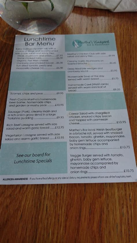 Menu at Martha’s Vineyard restaurant, Milford Haven