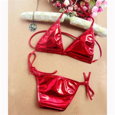 Sexy Red Halter Lace Up Faux Leather Bra Top And Panty Bikini Lingerie