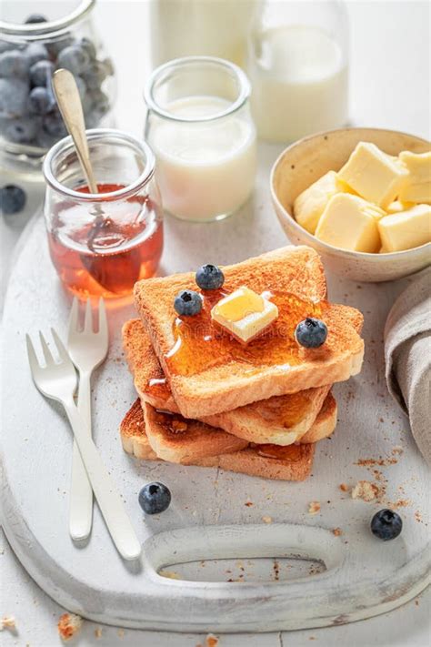 Fresh French Toast With Berries Maple Syrup And Butter Stock Image