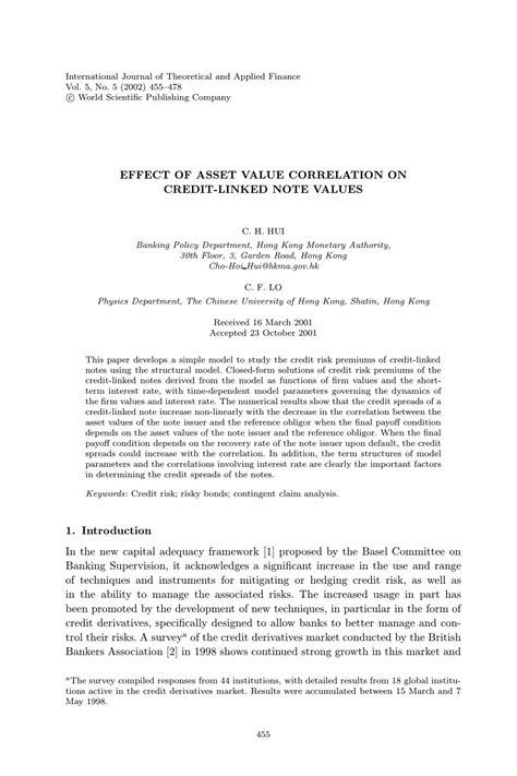 Pdf Effect Of Asset Value Correlation On Credit Linked Note Values