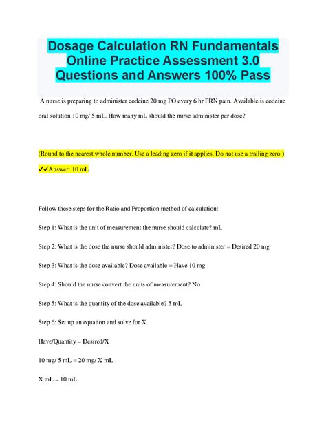 Dosage Calculation Rn Fundamentals Online Practice Assessment