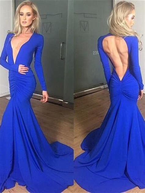 Daisda Royal Blue Long Sleeves V Neck Mermaid Prom Dress