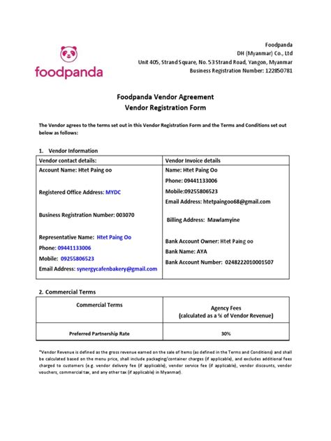 Foodpanda Vendor Registration Form Version1 Pdf Revenue Fee