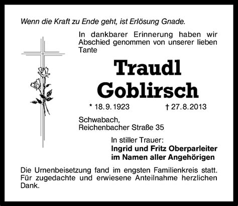 Traueranzeigen Von Traudl Goblirsch Trauer Nn De