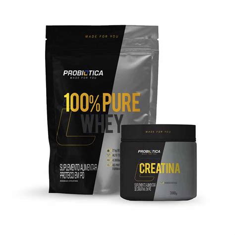 Kit 100 Pure Whey 900g Refil Creatina Pura 300g Probiótica Hardcore Suplementos