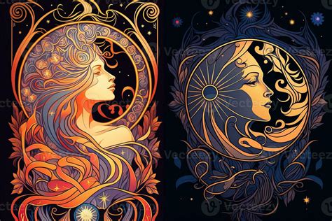 Happy Abstract Astral Shape Moon And Sun Art Nouveau Expressionism