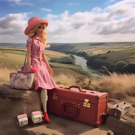 Premium AI Image Cute Blonde Barbie Wearing A Pink Clothing Posed With Luggage Against Nature