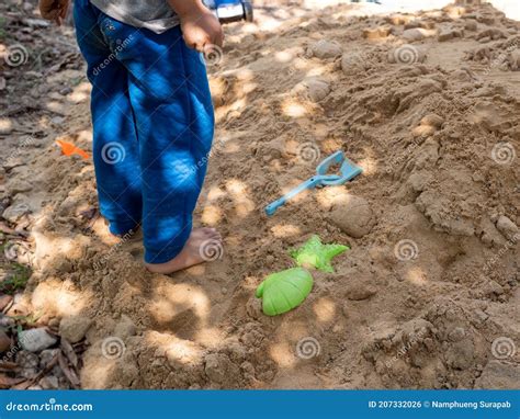 Child Boy Standing On Sand Playground Outdoor Stock Photo Image Of