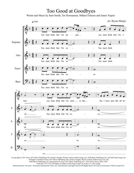 Too Good At Goodbyes Arr Bryan Sharpe By Sam Smith Sheet Music For