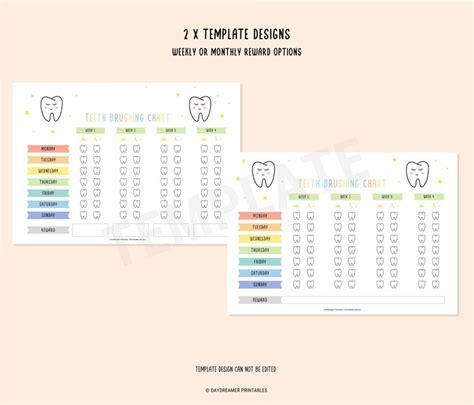 Kids Daily Teeth Brushing Visual Chart With Reward Editable Monthly