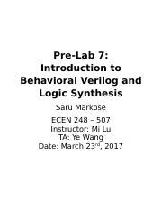 Pre Lab 7 Docx Pre Lab 7 Introduction To Behavioral Verilog And