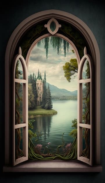 Premium Ai Image A Window With A Castle In The Background