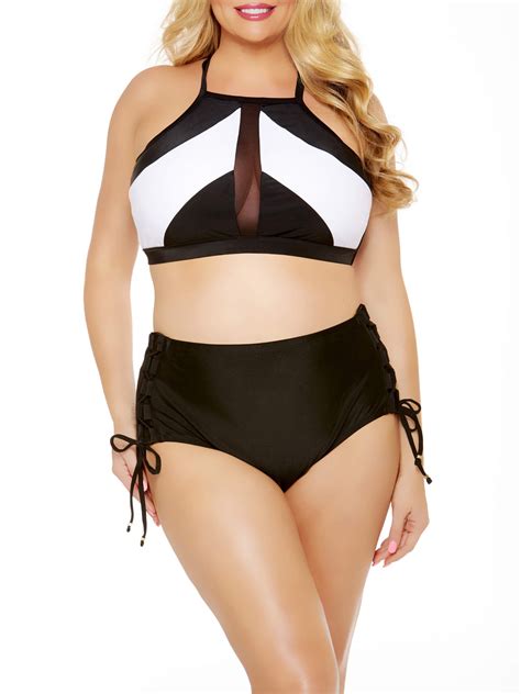 Women S Plus Size High Neck Black White Mesh Halter Bikini Top