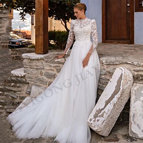 Vestido De Novia Rom Ntico De Manga Larga Con Cuello Alto Apliques De