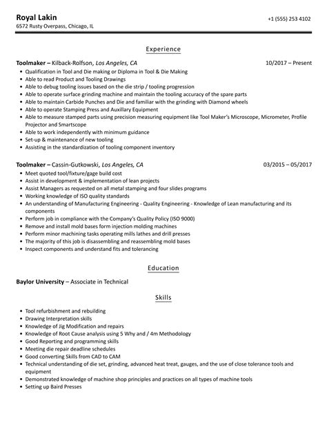 Toolmaker Resume Samples Velvet Jobs