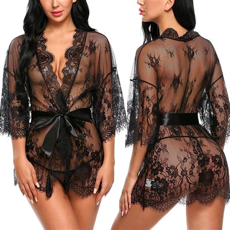 Women′ S Lace Kimono Robe Underwear Mesh Nightgown Lingerie Sets Lace Sexy Lingerie Underpants