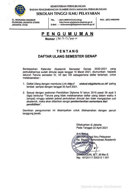 Pengumuman Daftar Ulang Semester Genap STIP JAKARTA